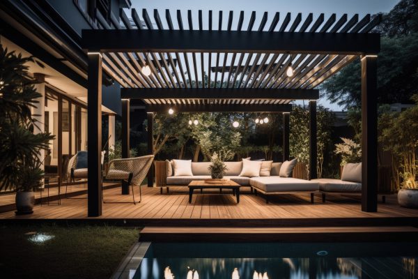 a covered patio with a couch and table, generative AI